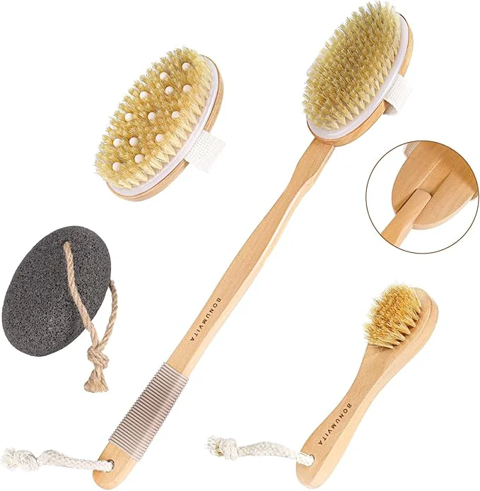 Premium Dry Brushing Body Brush Set- Wooden Long Handle Body Brush Set Luxury