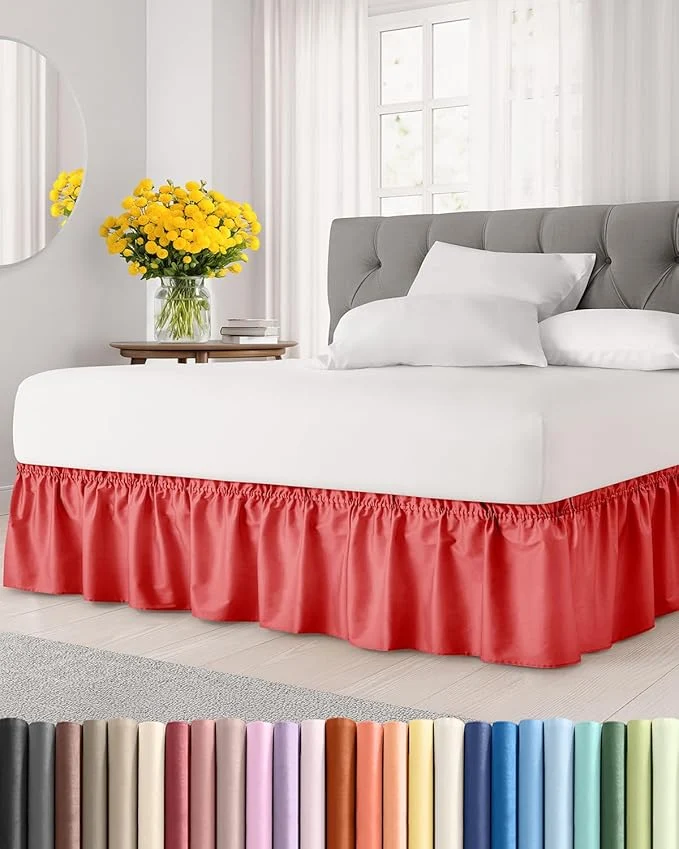 Unique Wrap Around Dust Ruffle Bed Skirt – Red – for King Size Beds with 21 Inch Drop – Easy Fit Elastic Strap – Adjustable Pleated Bedskirt w Brushed Fabric – Wrinkle – for Women Men Kids amp Teens User-Friendly