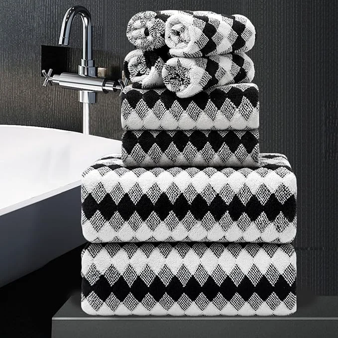 Artisan 8 Piece Bathroom Towel Set Black White 2 Oversized Large Bath Towels Sheet Traditional