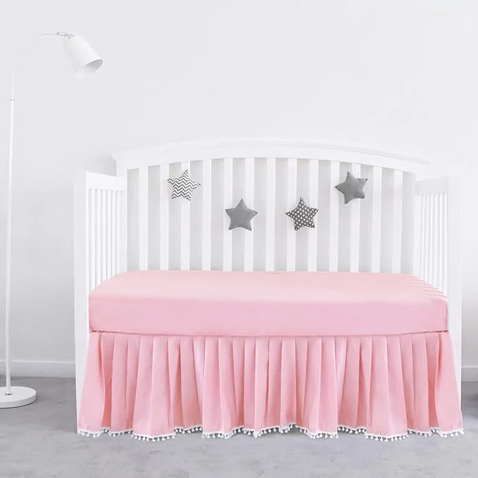 Specialty Pink Crib Skirt Pleated with White Lovely Pompoms Bedding Dust Ruffle for Girls 14 quot Drop Fit All Standard Crib Bed Fade Resistant Crib Bed Skirt Machine Wash Traditional