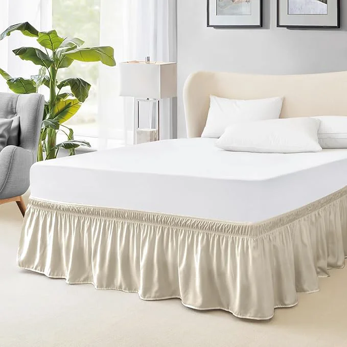 Sustainable FreshCulture Elastic Wrap Around Bed Skirt – Easy Fit with 22-Inch Tailored Drop Hotel Quality Dust Ruffle for Full Size Bed Cream Trendy