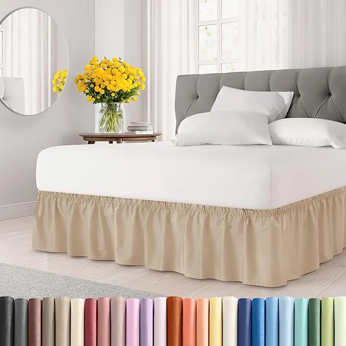 Convenient Wrap Around Dust Ruffle Bed Skirt – Cream – for King Size Beds with 18 Inch Drop – Easy Fit Elastic Strap – Adjustable Pleated Bedskirt w Brushed Fabric – Wrinkle – for Women Men Kids amp Teens Specialty