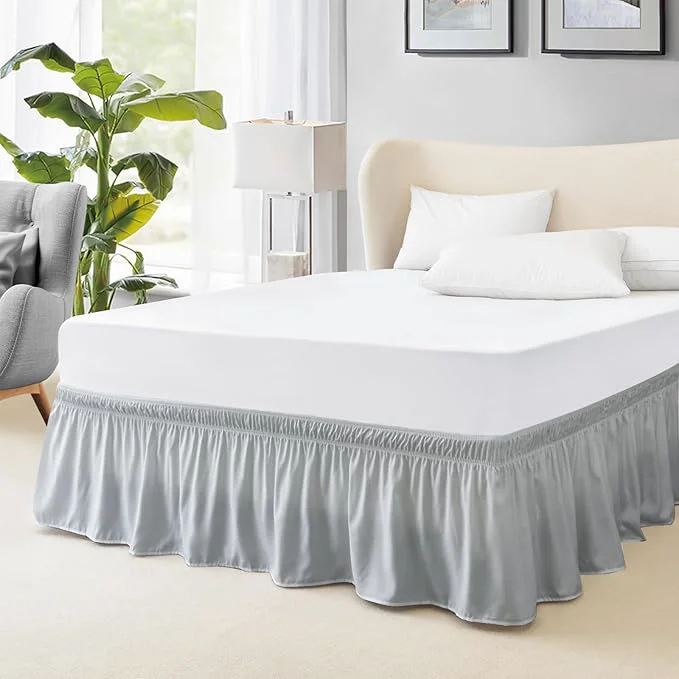 Comfortable FreshCulture Twin Bed Skirt – Elastic Wrap Easy Fit with 15-Inch Drop Hotel Quality – Light Grey Solid