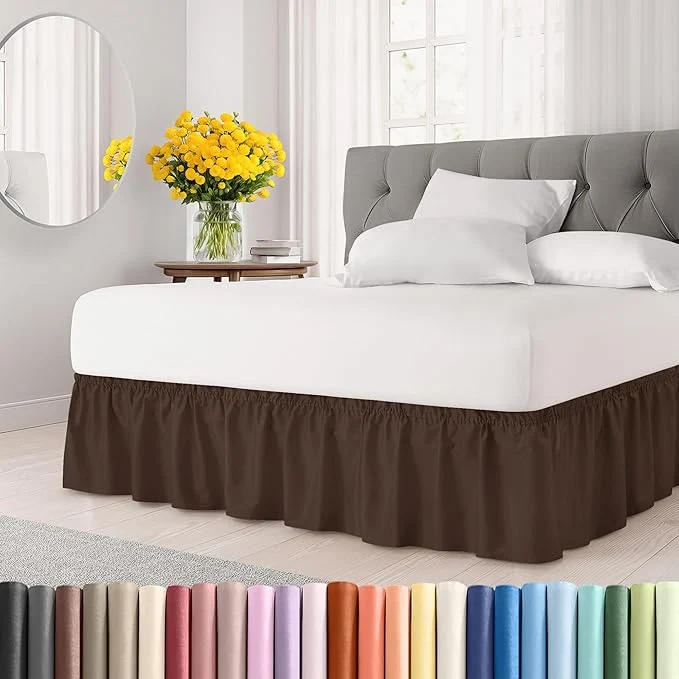Innovative Wrap Around Dust Ruffle Bed Skirt – Brown – for Full Size Beds with 15 Inch Drop – Easy Fit Elastic Strap – Adjustable Pleated Bedskirt w Brushed Fabric – Wrinkle – for Women Men Kids amp Teens Elite