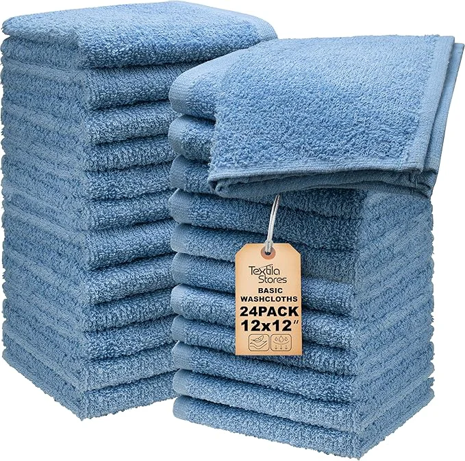 Premium Basic Wash Cloths 12×12 Inches – Bulk Pack of 24 – Blue Color – Soft and Breathable