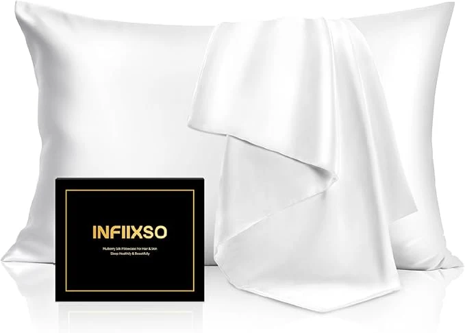 Recyclable INFIIXSO Mulberry Silk Pillowcase for Hair and Skin Silk Pillow Cases Standard Size with Hidden Zipper 20×26 Inches Smooth and Soft Cooling Pillow Cases for Hot Sleepers White 1 Pack Enhanced