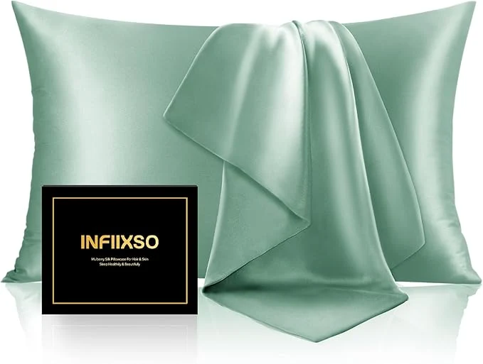 Crafted INFIIXSO Silk Pillow Cases 2 Pack Standard Size Ultra Smooth amp Soft Mulberry Silk Pillow Case for Hair and Skin Breathable Cooling Silk Pillowcase with Hidden Zipper Mint Green 20×26 Inches Reliable