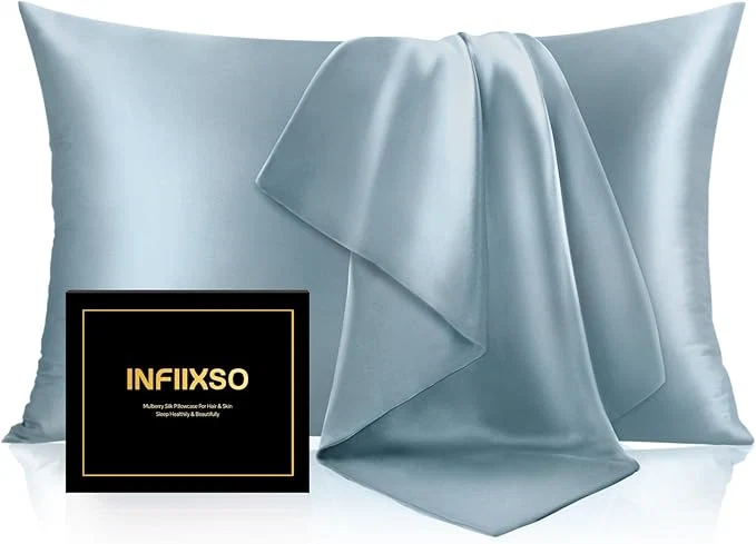 Efficient INFIIXSO Silk Pillow Cases 2 Pack Standard Size Ultra Smooth amp Soft Mulberry Silk Pillow Case for Hair and Skin Breathable Cooling Silk Pillowcase with Hidden Zipper Airy Blue 20×26 Inches Premium