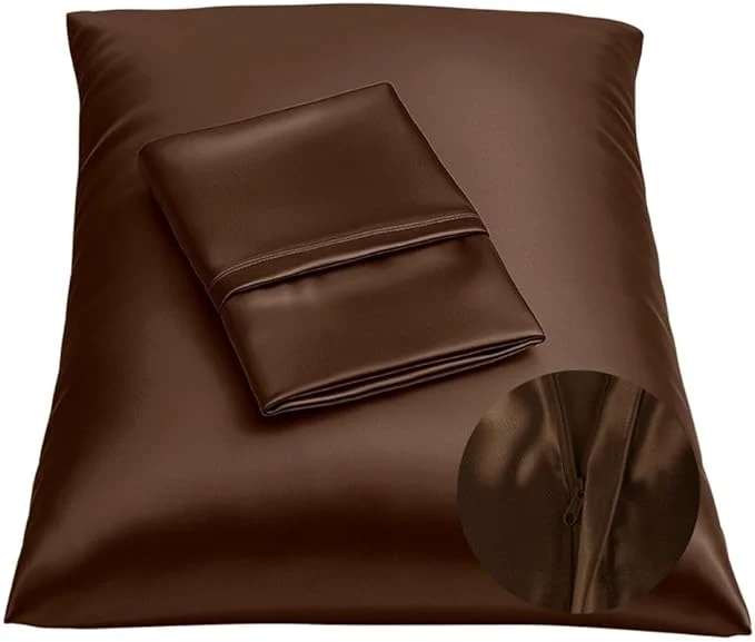 Fast BLISSFORD Brown Satin Pillowcase with Zipper for Hair and Skin Care Feels Soft and Cool Like a Silk Pillowcase Satin Pillow Cases 2 Pack Slik Pillow Cover Standard Size Set of 2 Superior