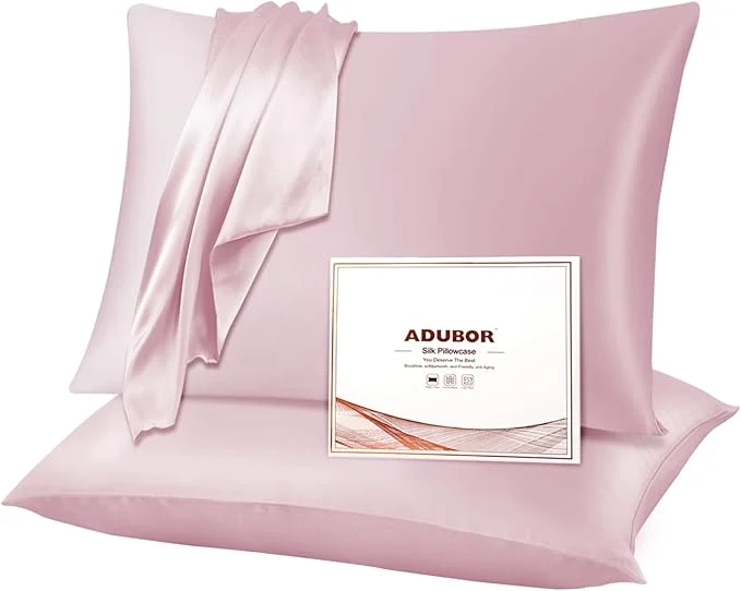 High-End Adubor Silk Pillowcase for Hair and Skin with Hidden Zipper Both Sides 23 Momme Silk Pillow Case Queen Size 20×30 inches Pink 2PCS Official
