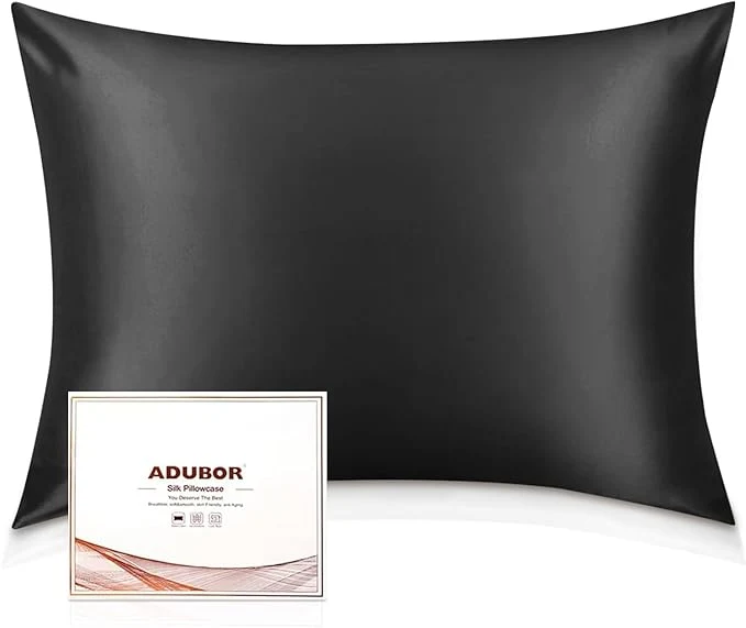 Stylish Adubor Silk Pillowcase for Hair and Skin with Hidden Zipper Both Sides 23 Momme Silk Pillow Case Queen Size 20×30 inches Black 2PCS Top-Quality
