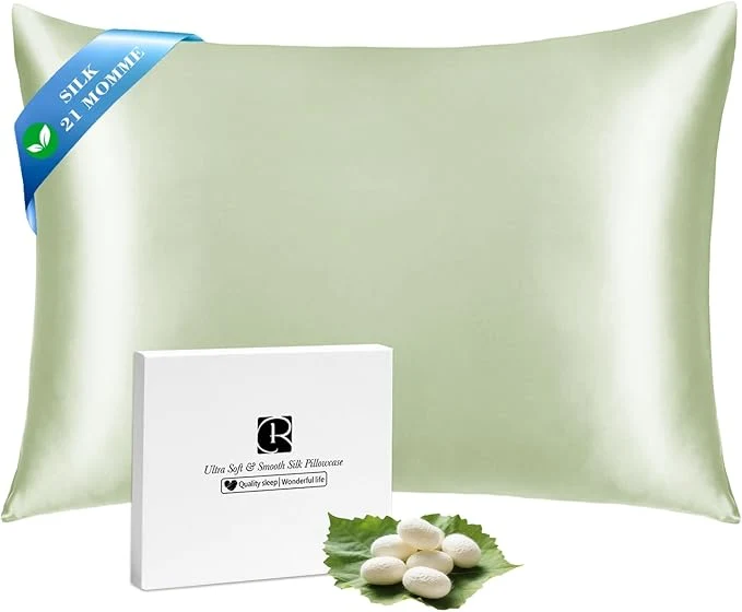 Premium Ravmix Silk Pillow Cases with Zipper 21momme Mulberry Silk Pillowcase for Hair Skin Health Soft Smooth Breathable Cool Pillow Cover for Beauty Sleep 1PC Queen 20 quot x30 quot Bean Green Safe