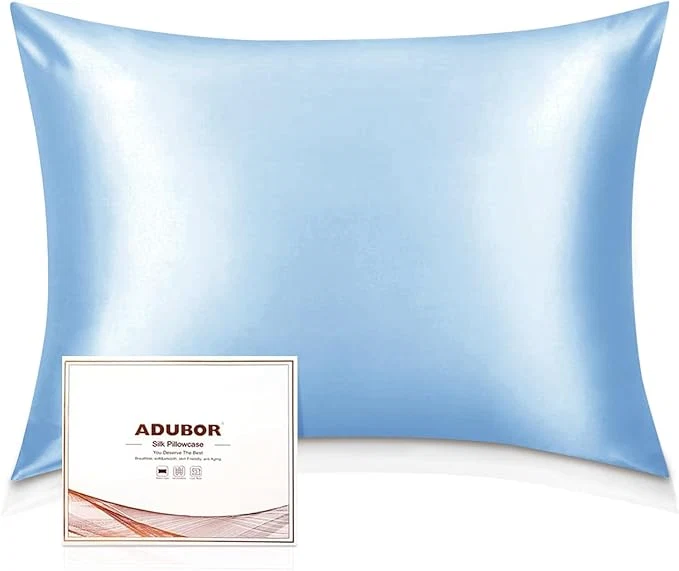 World-Class Adubor Mulberry Silk Pillowcase for Hair and Skin with Hidden Zipper Both Side 22 Momme Silk 900 Thread Count 20x26inch Standard Size Sky Blue 1pc Exceptional
