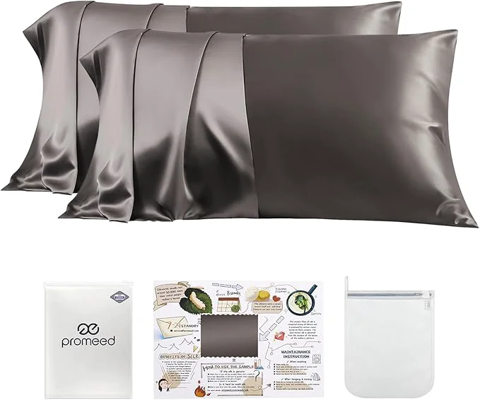 Traditional PROMEED Silk Pillowcase 2 Pack with Zipper Both Sides Premium Mulberry Silk Pillow Cases Set of 2 for Hair and Skin Anti BedHead Anti Frizz Standard 20 quot x26 quot Grey Optimized