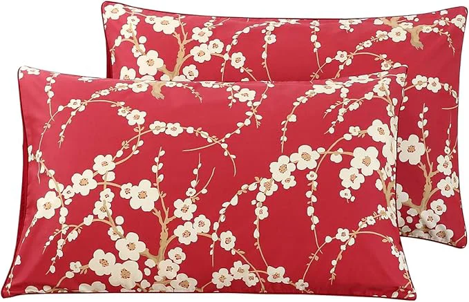 Selected WINLIFE Cotton Pillowcases Set of 2 Floral Printed Pillow Case Beige Plum Blossom on Red Pillow Cover Queen 20×30 39 39 Fast