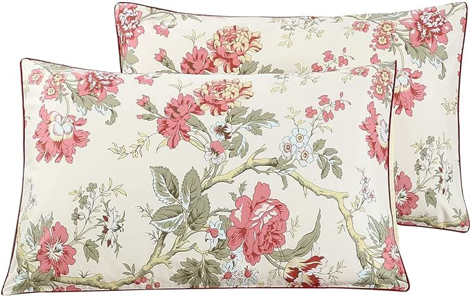 Easy-to-Use WINLIFE Cotton Pillowcases Floral Printed Pillow Cases Set of 2 Red Flowers and Green Branches Leaf Pattern Pillow Cover Queen 20×30 39 39 Natural
