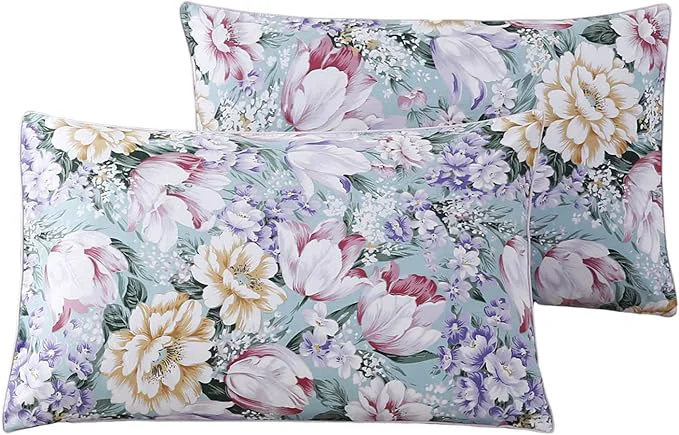 Effective WINLIFE Cotton Pillowcases Garden Floral Printed Pillow Cases Set of 2 Aqua Yellow Lavender Purple Flowers Print Pillow Cover Standard 20 x 26 39 39 Purple Fowers Professional