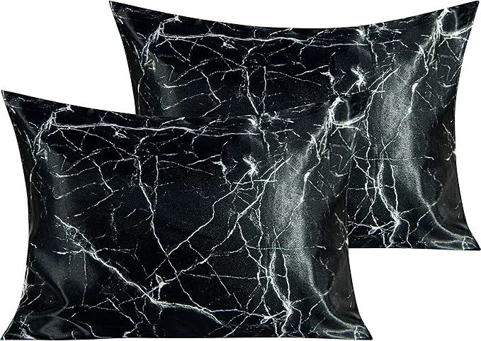 First-Class NTBAY 2 Pack Satin Standard Pillowcases for Hair and Skin Luxurious and Silky Marbling Printed Pillow Cases with Envelope Closure 20×26 Inches Black Fine