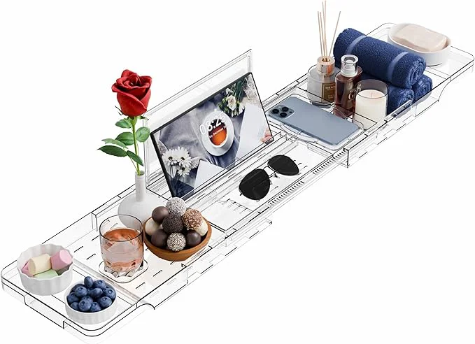 Stylish Yieach Luxury Clear Bathtub Shelf Across Tub Expandable Plastic Bathtub Tray Sustainable