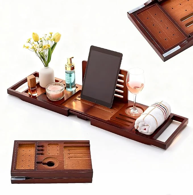 Green Premium Foldable Bamboo Bathtub Tray Caddy Expandable Bath Caddy Tray Advanced