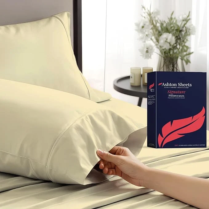 Innovative Ashton Sheets Egyptian Cotton Pillow Cases Standard Queen Size Set of 2 – Luxury 1200 Thread Count Sateen Beige Pillow Cases Silky Soft Cotton Pillowcases Fits Standard amp Queen Size Pillows Efficient