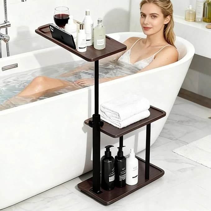 Professional 3 Layer Bathtub Tray Table Bamboo Swivel Bathtub Side Table Height Adjustable Certified