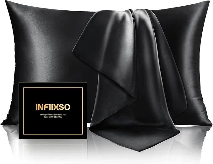 Exclusive INFIIXSO Mulberry Silk Pillow Cases King Size Set of 2 Silk Pillowcase with Hidden Zipper 20 quot x36 quot Smooth and Soft Pillow Case for Hair and Skin Black 2 Pack High-Grade