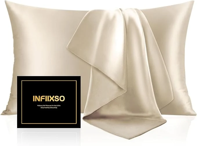 Detailed INFIIXSO Mulberry Silk Pillow Cases King Size Set of 2 Silk Pillowcase with Hidden Zipper 20 quot x36 quot Smooth and Soft Pillow Case for Hair and Skin Beige 2 Pack Easy-to-Use