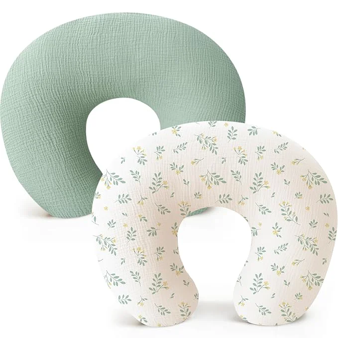 Next-Generation Konssy Muslin Nursing Pillow Covers Soft and Cute Nursing Covers for Breastfeeding Pillows I for Newborn Baby Boys and Girls Green Leafy – 2 Pack Superior
