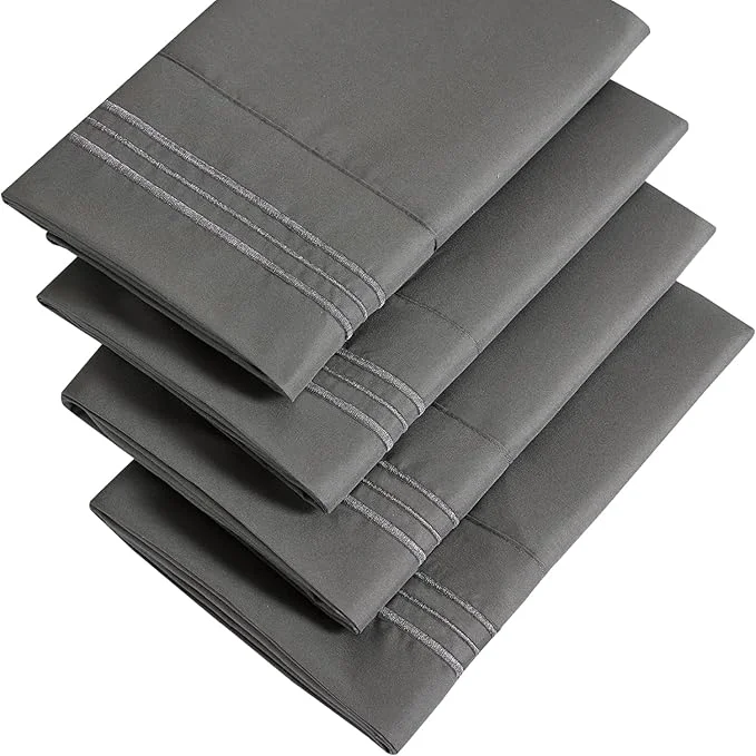 Specialty YIYEA Pillow Cases Queen Size Set of 4 Ultra Soft 1800TC Hotel Quality Double Brushed Microfiber Embroidered Pillowcases Envelope Closure Fade Resistant 20 quot x30 quot Dark Grey Reusable