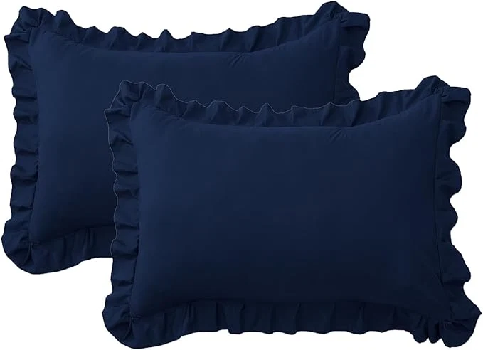 Detailed Ruffle Pillow Cases Queen Size Set of 2 – Soft Wrinkle Resistant Brushed Microfiber Ruffled Pillowcases –Envelope Pillow Shams Cover Festive Gift for Hotels Guest Rooms 20×30 Inch Navy Blue Pure