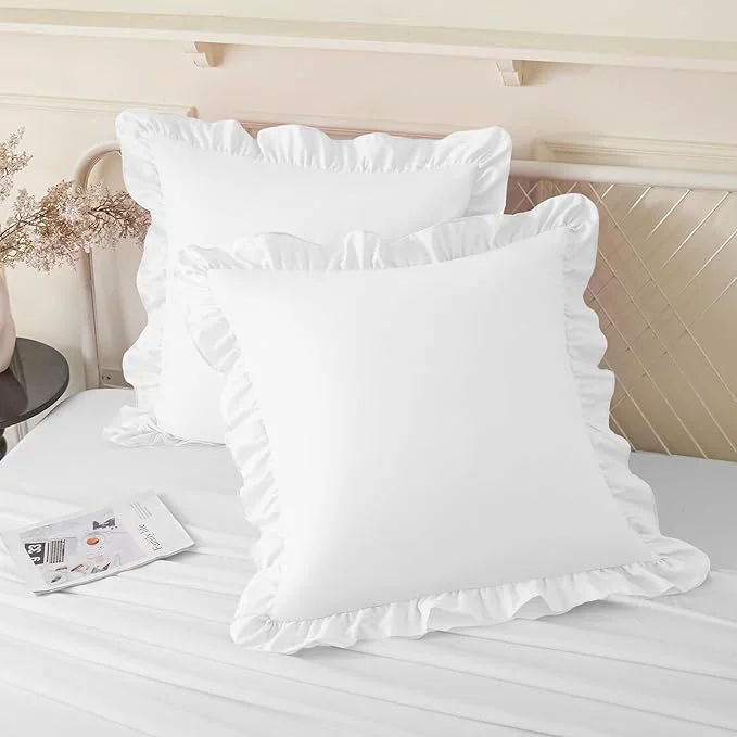 Safe KKJIAF Ruffle Pillow Cases 26×26 Inches White Square Ruffled Pillow Covers Set of 2 Microfiber Wrinkle Resistant Pillow Shams with Envelope Closure for Sofa Bed Living Room Recyclable