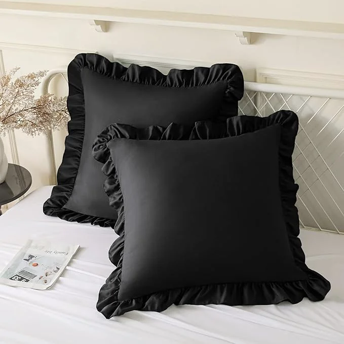 Reliable KKJIAF Ruffle Pillow Cases 24×24 Inches Black Square Ruffled Pillow Covers Set of 2 Microfiber Wrinkle Resistant Pillow Shams with Envelope Closure for Sofa Bed Living Room Verified