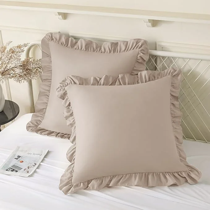 Pure KKJIAF Ruffle Pillow Cases 24×24 Inches Khaki Square Ruffled Pillow Covers Set of 2 Microfiber Wrinkle Resistant Pillow Shams with Envelope Closure for Sofa Bed Living Room Easy-to-Use