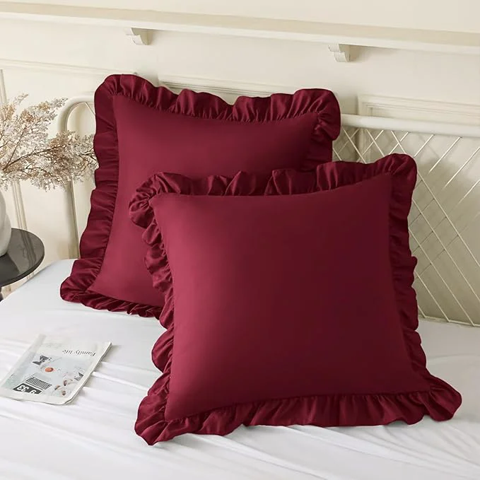 Dependable KKJIAF Ruffle Pillow Cases 26×26 Inches Burgundy Square Ruffled Pillow Covers Set of 2 Microfiber Wrinkle Resistant Pillow Shams with Envelope Closure for Sofa Bed Living Room Versatile