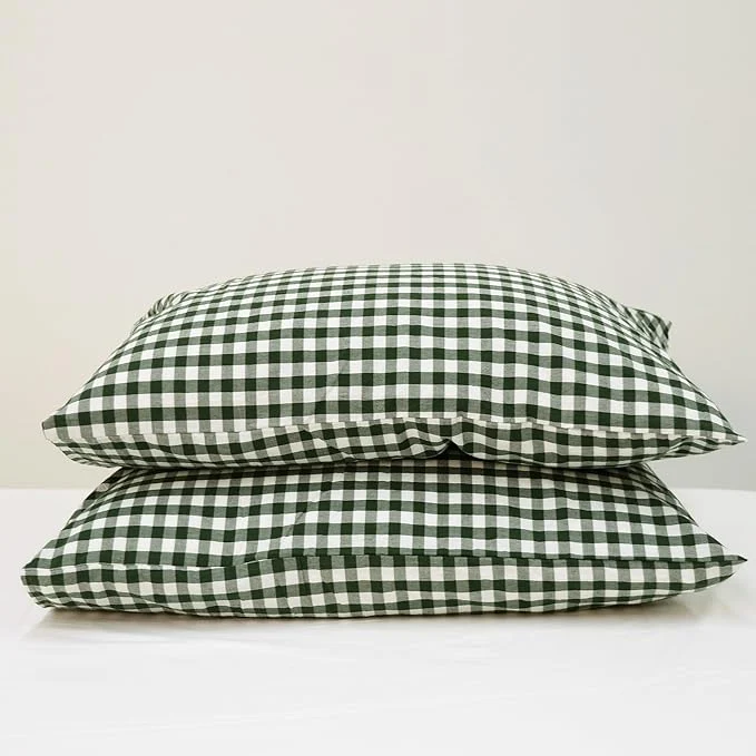 Authentic MooMee Bedding Pillowcases Gingham Pack of 2 Washed Cotton Linen Like Textured Breathable Durable Soft Comfy Classic Gingham Forest Green King Comfortable