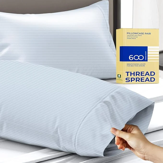 Elegant Thread Spread Egyptian Cotton King Size Pillow Cases Set of 2 – Luxury 600 Series Bliss Collection Pillow Cases King Size Light Blue Stripe Soft Cooling Hotel Cotton Pillowcases Classic