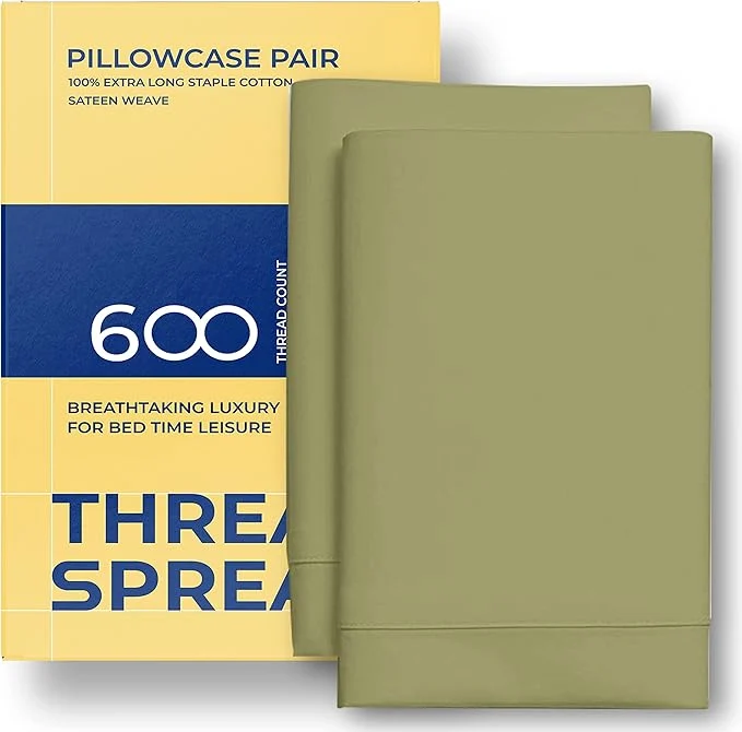 Minimalist Thread Spread Egyptian Cotton Pillow Cases Queen Size Set of 2 – Luxury 600 Series Bliss Collection Queen Pillow Cases Sage Green Soft Cooling Hotel Cotton Pillowcases Sateen Finish Breathable