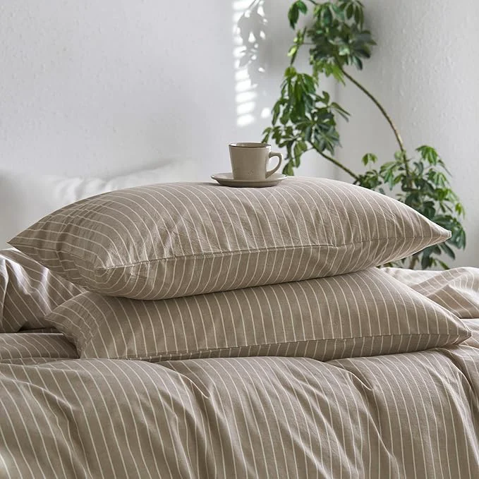 Functional MooMee Bedding Pillowcases Striped Pack of 2 Washed Cotton Linen Like Textured Breathable Durable Soft Comfy Tannish Linen Grey White Wide Stripes King Contemporary