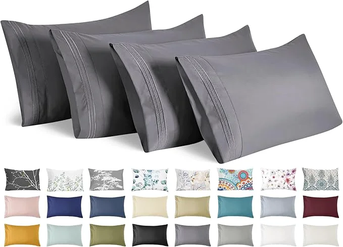 First-Class YIYEA Pillow Cases Standard Size Set of 4 Ultra Soft 1800TC Hotel Quality Double Brushed Microfiber Embroidered Pillowcases Envelope Closure Fade Resistant 20 quot x26 quot Medium Grey Detailed
