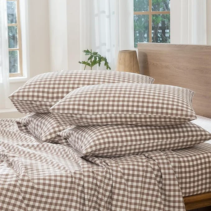 Functional MooMee Bedding Pillowcases Pack of 4 Washed Cotton Linen Like Textured Breathable Durable Soft Comfy Brown Gingham Queen Green