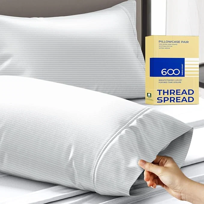 Lightweight Thread Spread Egyptian Cotton Pillow Cases Queen Size Set of 2 – Luxury 600 Series Bliss Collection Queen Pillow Cases Silver Grey Stripe Soft Cooling Hotel Cotton Pillowcases Sateen Finish High-End
