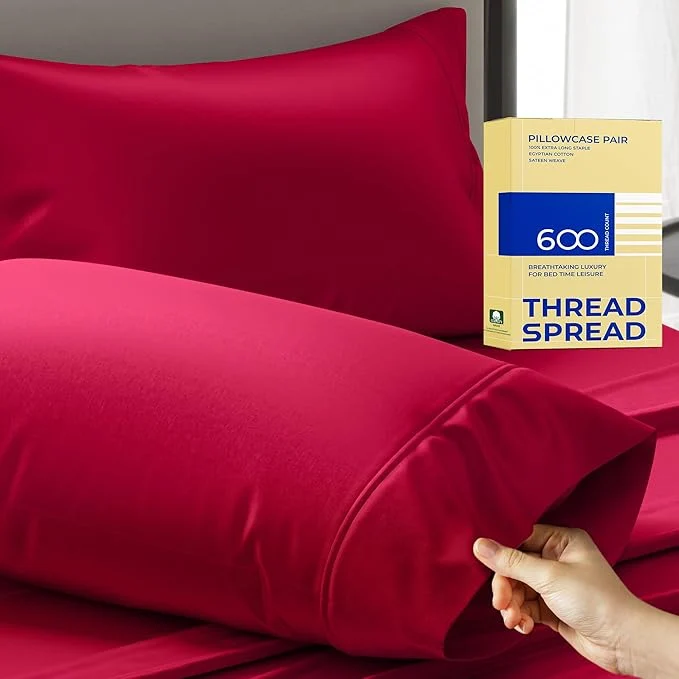 Selected Thread Spread Egyptian Cotton Pillow Cases Queen Size Set of 2 – Luxury 600 Series Bliss Collection Queen Pillow Cases Red Soft Cooling Hotel Cotton Pillowcases Sateen Finish Exceptional