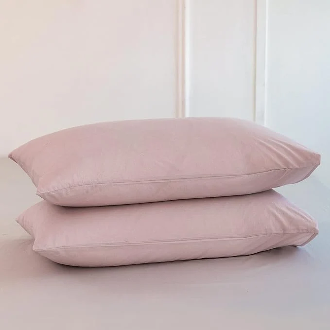 Lightweight MooMee Bedding Pillowcases Pack of 2 Washed Cotton Linen Like Textured Breathable Durable Soft Comfy Heathered Greyish Pink Queen Optimized