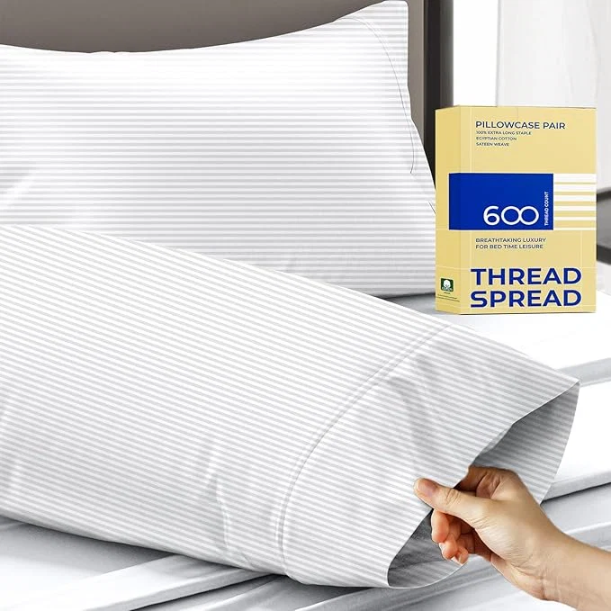 Superior Thread Spread Egyptian Cotton King Size Pillow Cases Set of 2 – Luxury 600 Series Bliss Collection Pillow Cases King Size White Stripe Soft Cooling Hotel Cotton Pillowcases Powerful