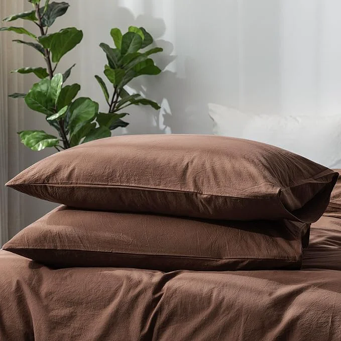 Exclusive MooMee Bedding Pillowcases Pack of 2 Washed Cotton Linen Like Textured Breathable Durable Soft Comfy Solid Cocoa Brown King Consistent