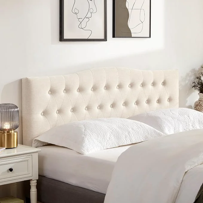 Next-Generation Tufted Headboard Queen Size Solid Wood Adjustable Height Head Board Beige Upholstered Queen Headboard Only with Durable Solid Wood Legs Adjustable Height 37-51 in Fabric Button Diamond HeadBoards Authentic