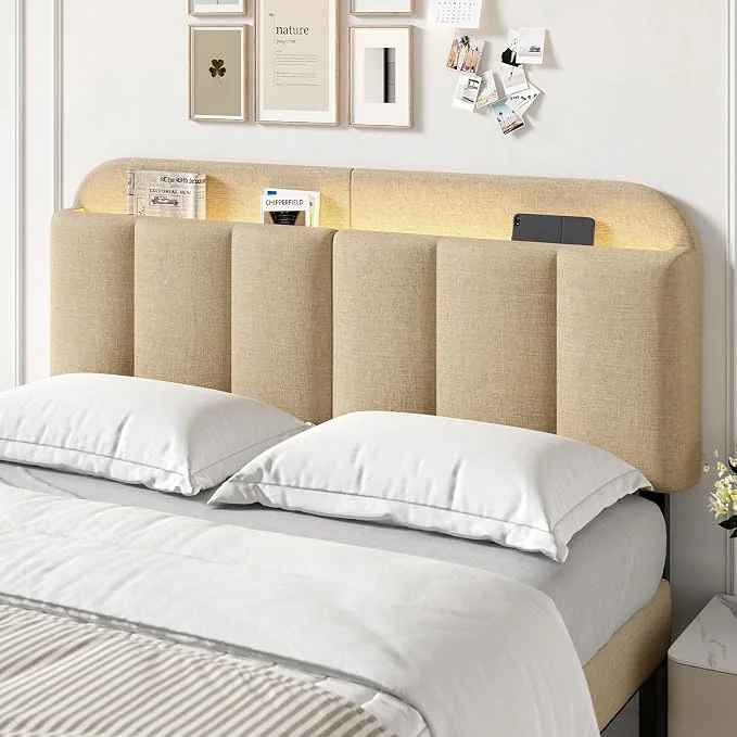 Durable Queen Size Adjustable Headboard Upholstered Headboard with Storage APP Controlled LED Light Padded Head Board Only Sturdy Metal Foot Frame Vertical Channel Design for Bedroom Beige Detailed