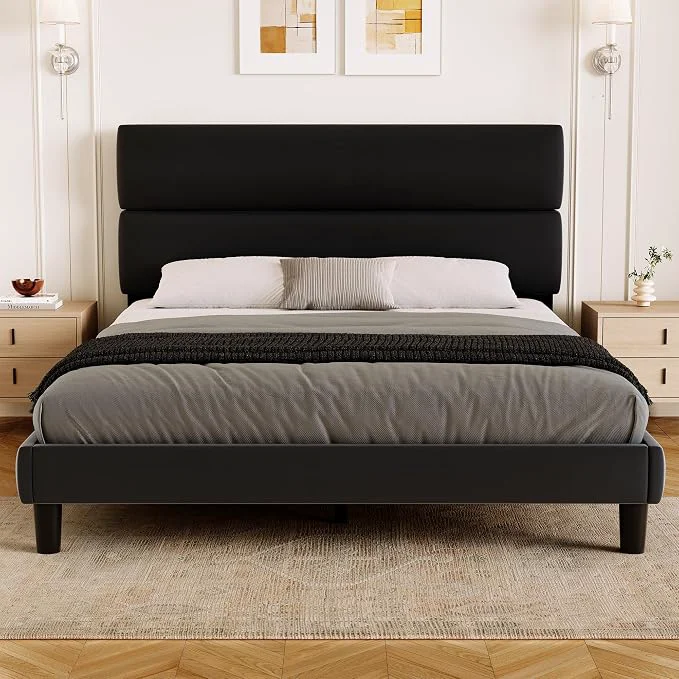 Trusted GRUSIGN Queen Size Platform Bed Frame with Velvet Headboard Adjustable Height Wooden Slats Support Upholstered Mattress Foundation Fits Mattress or Mattress with Box Spring Easy Assembly Black Enhanced