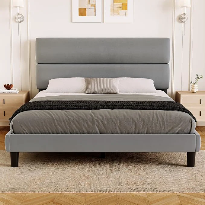 Selected GRUSIGN Queen Size Platform Bed Frame with Velvet Headboard Adjustable Height Wooden Slats Support Upholstered Mattress Foundation Fits Mattress or Mattress with Box Spring Easy Assembly Grey Authentic